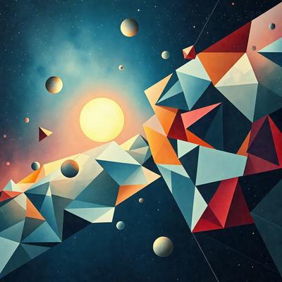 The primary subject of the image is a colorful, geometric design featuring a sun and various planets. The setting is a dark, starry sky, with the geometric design as the main focus. The visual style is a combination of digital art and illustration, creating a vibrant and dynamic atmosphere. The dominant colors are orange, blue, and red, with the geometric design adding a sense of depth and complexity to the overall mood.